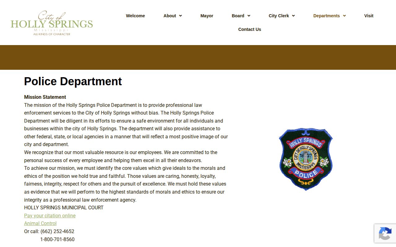Screenshot of the official Holly Springs Police Department page with mission statement and municipal court links