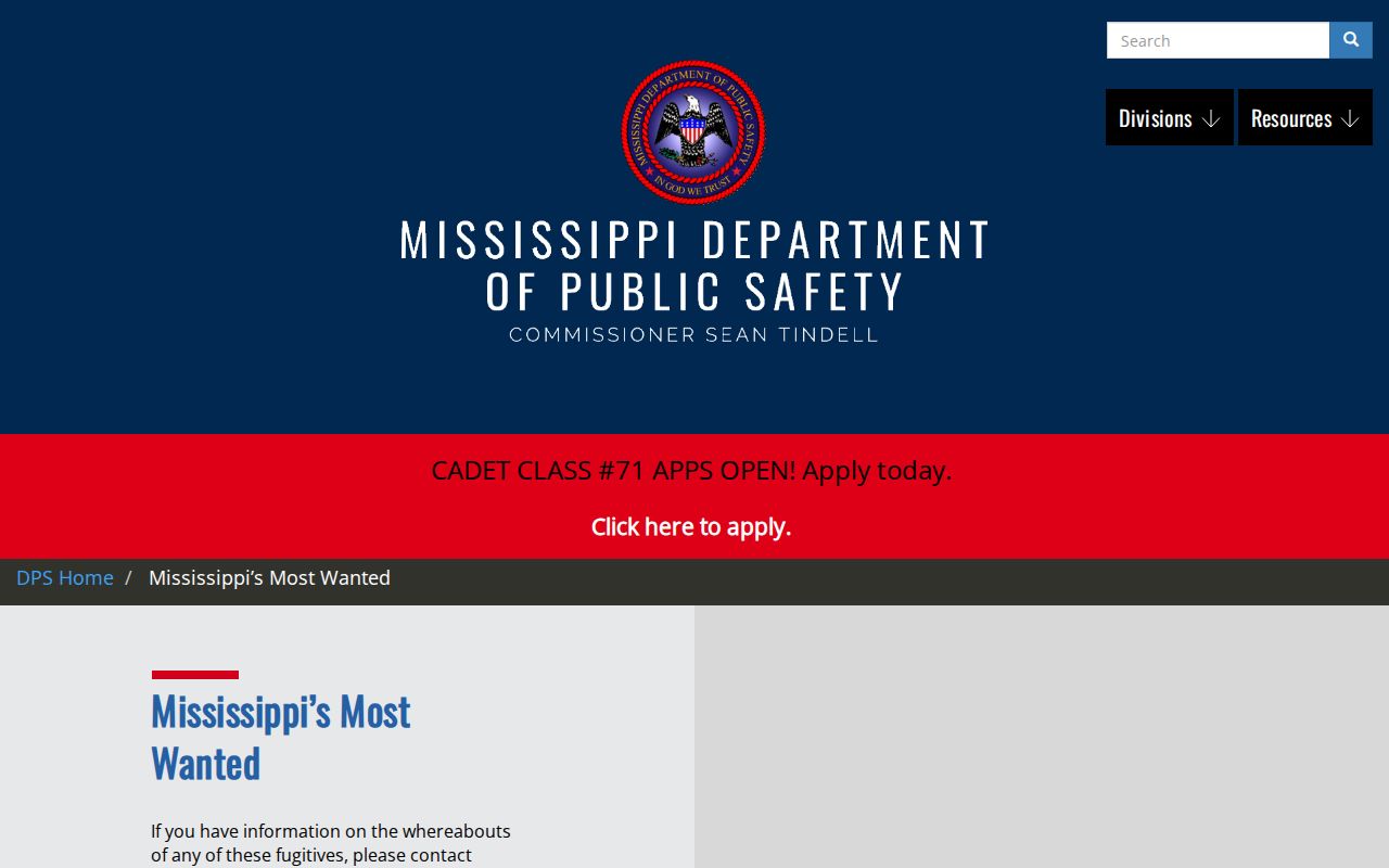 Mississippi DPS Most Wanted official statewide notice page for Marshall County warrant research